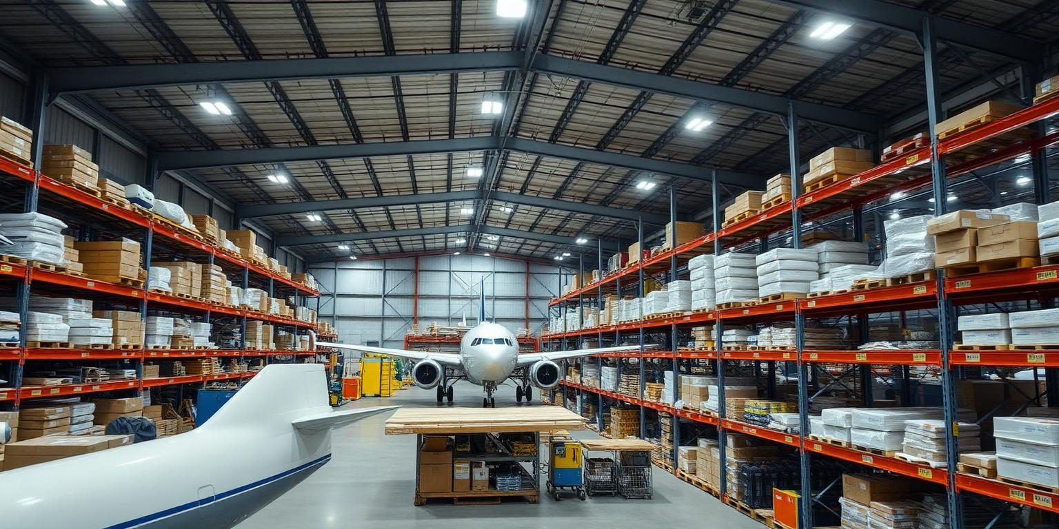 Aviation parts warehouse with racked aircraft components and a jet positioned between the aisles